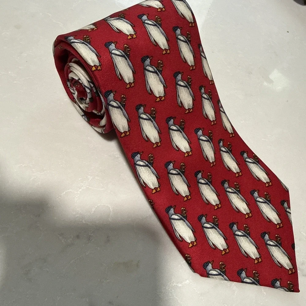 Vintage Brooks Brothers Men's Pure Silk Necktie USA Made Penguin Golfer 58X3.75